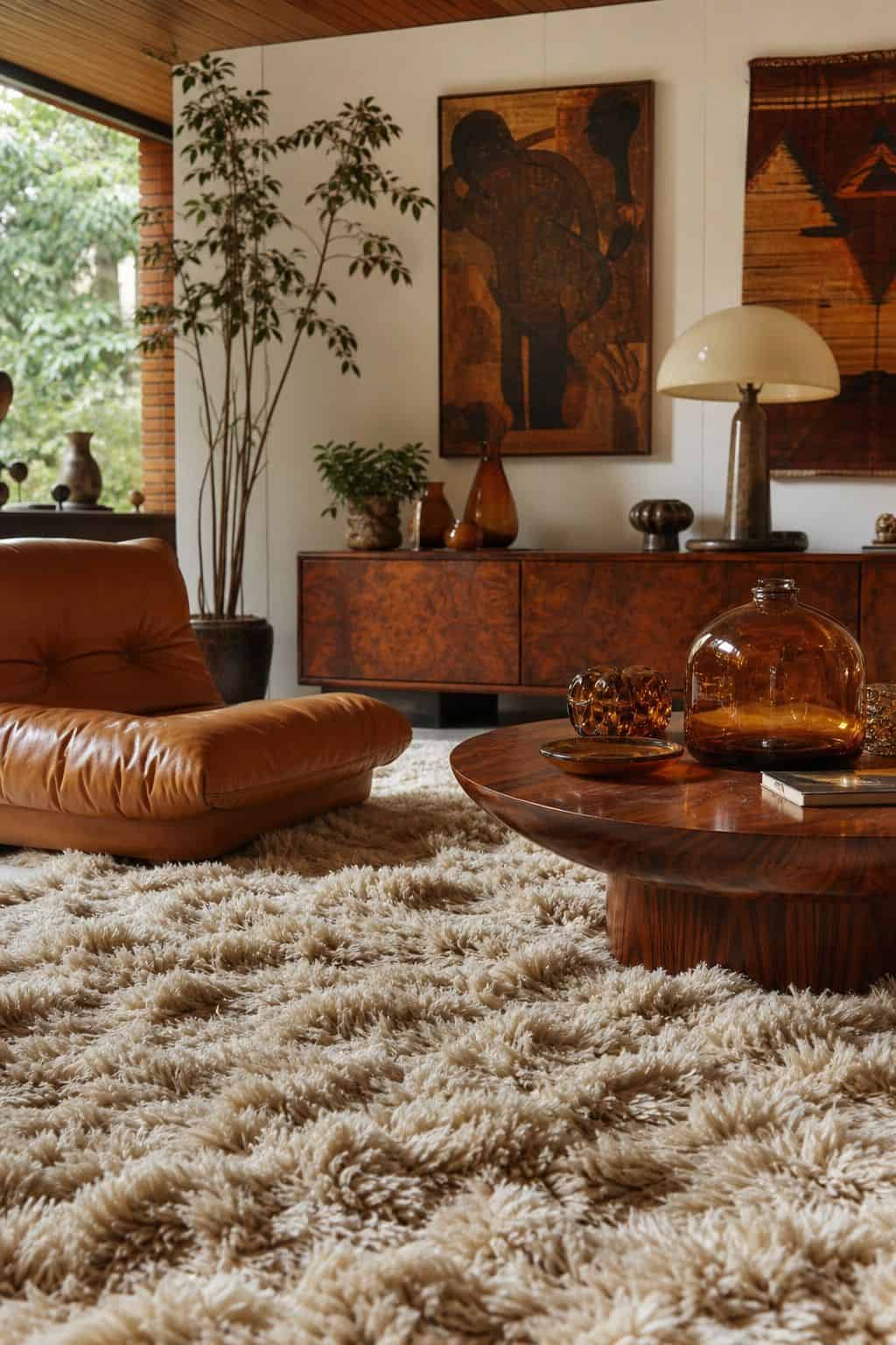 Shag Rug shown as a realistic Pretty Wild World image for 15 70s Living Room Decor Ideas for a Warm Retro Hangout.