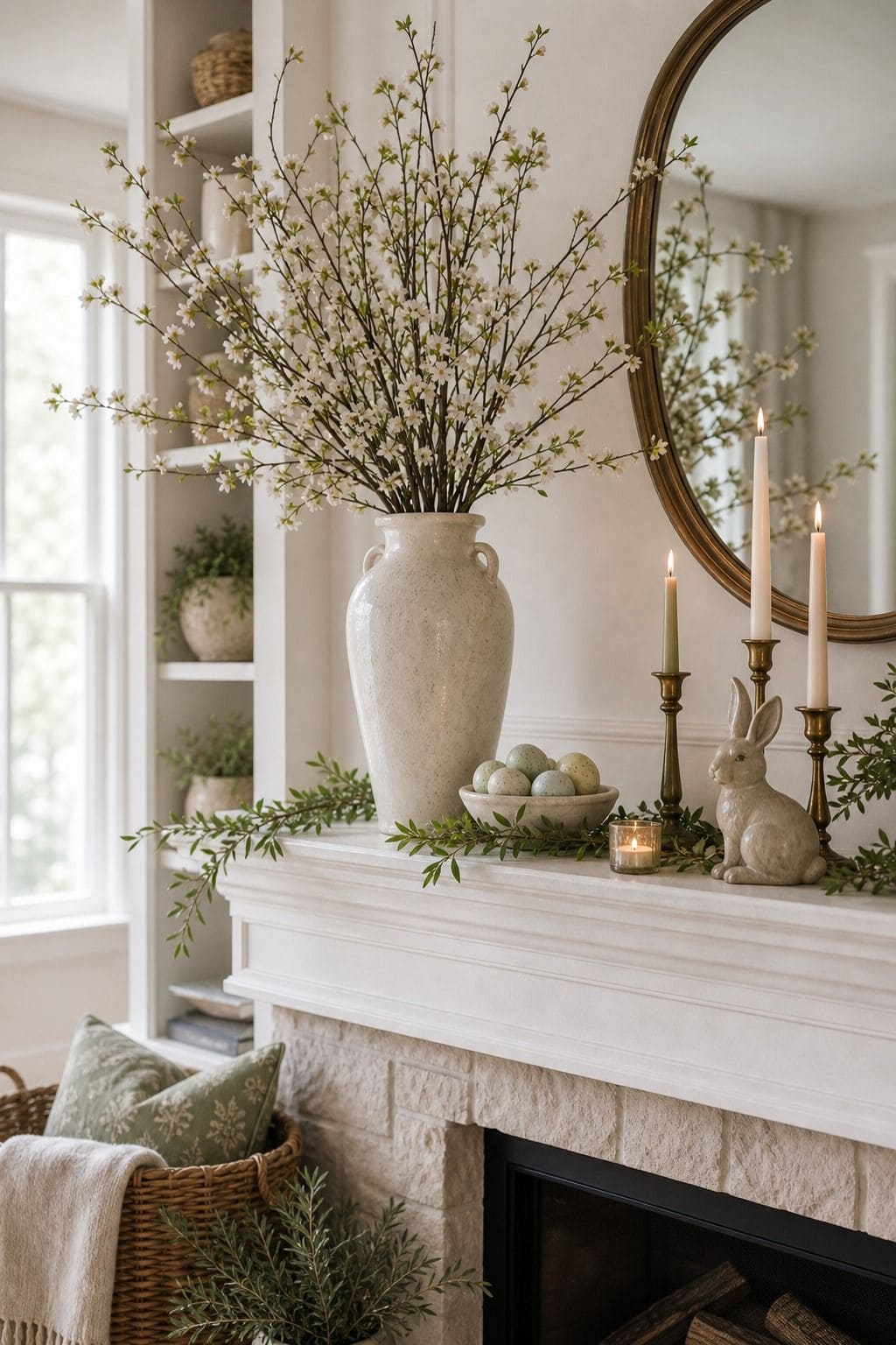 Branch Arrangement in a Tall Vase shown as a realistic Pretty Wild World image for 16 Easter Mantel Decor Ideas for a Fresh Spring Fireplace.