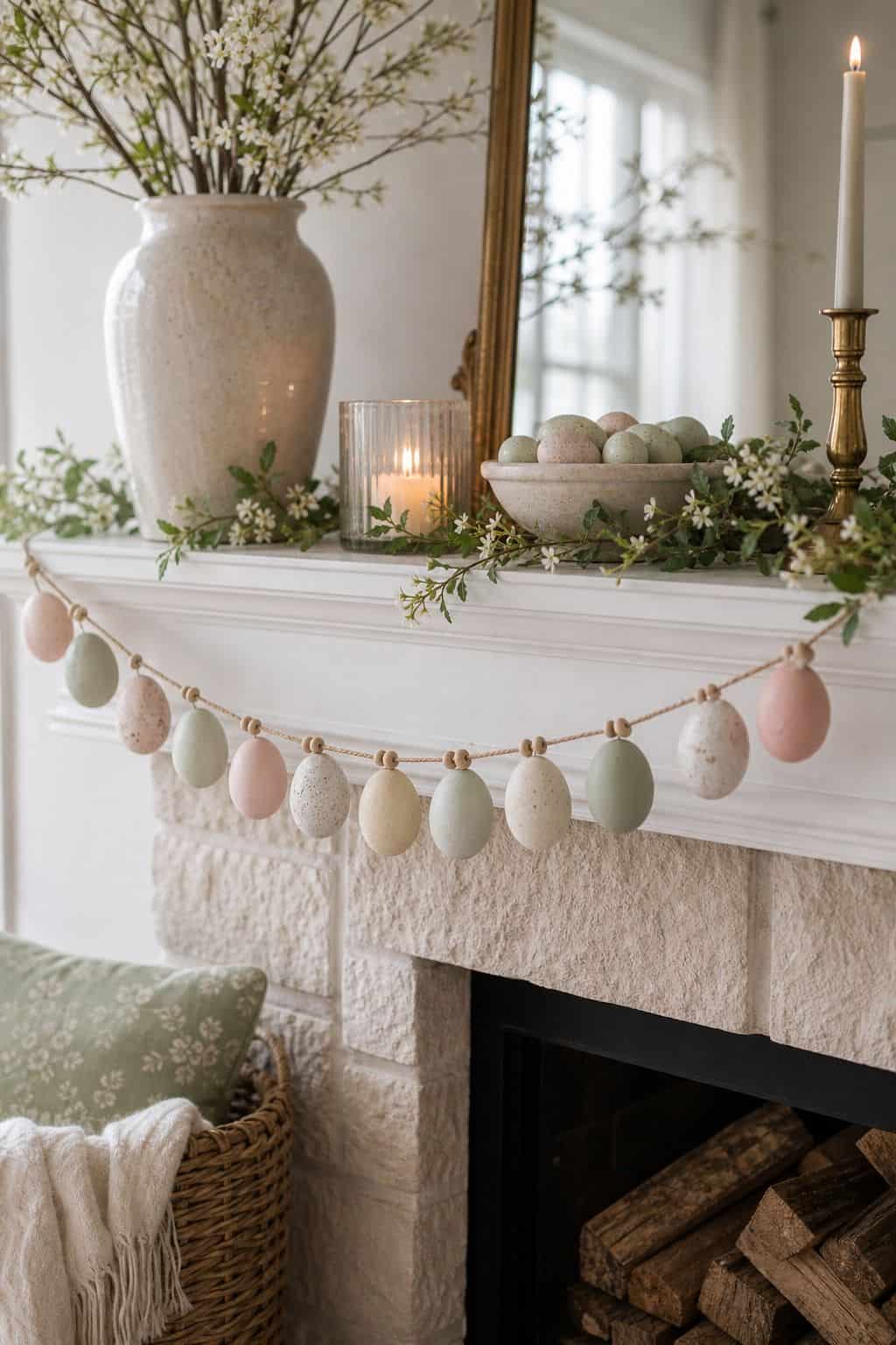 Soft Egg Garland shown as a realistic Pretty Wild World image for 16 Easter Mantel Decor Ideas for a Fresh Spring Fireplace.