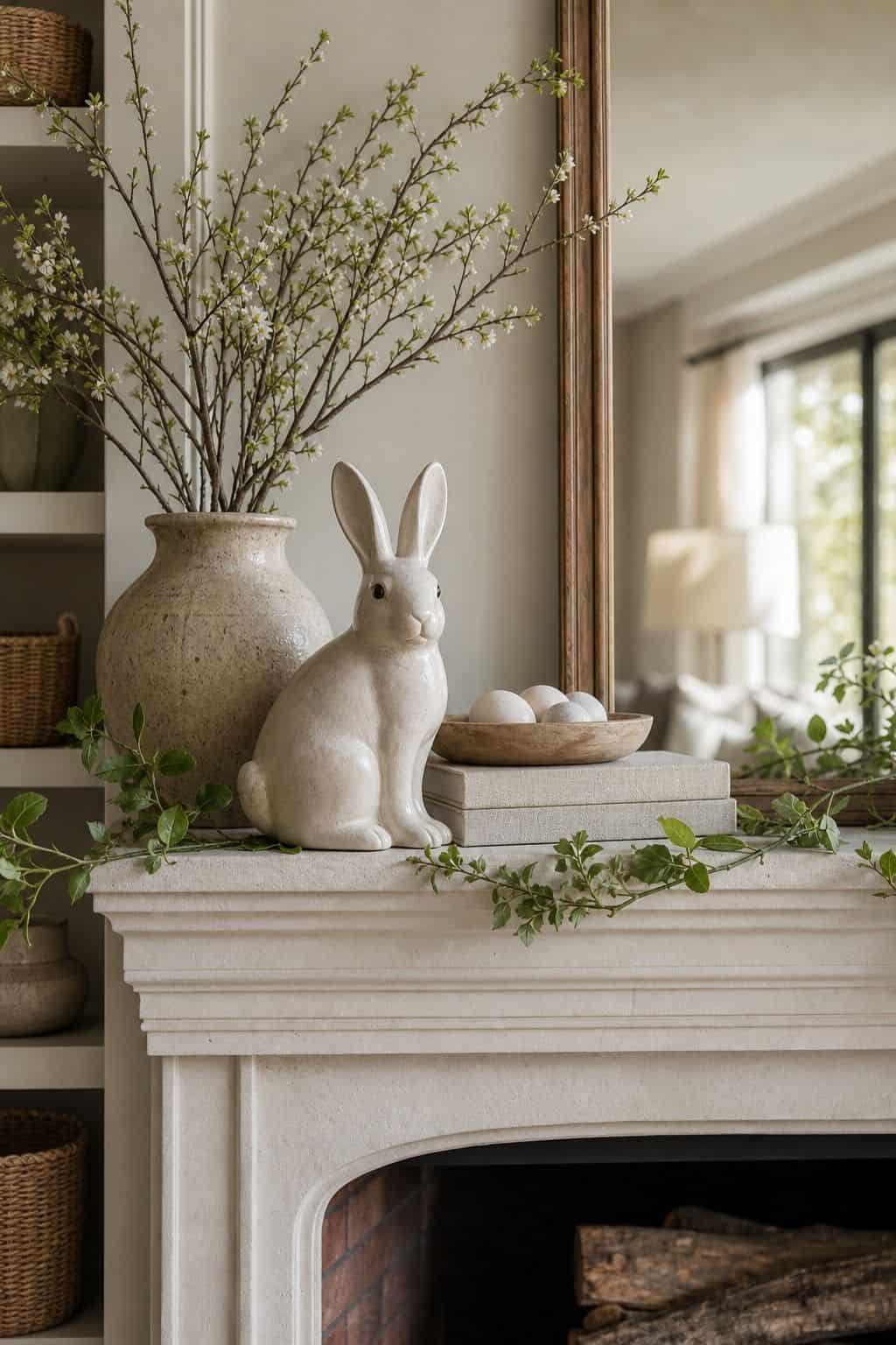 Neutral Ceramic Bunny shown as a realistic Pretty Wild World image for 16 Easter Mantel Decor Ideas for a Fresh Spring Fireplace.