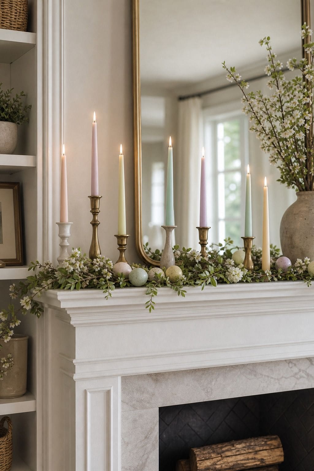 Pastel Taper Candles shown as a realistic Pretty Wild World image for 16 Easter Mantel Decor Ideas for a Fresh Spring Fireplace.