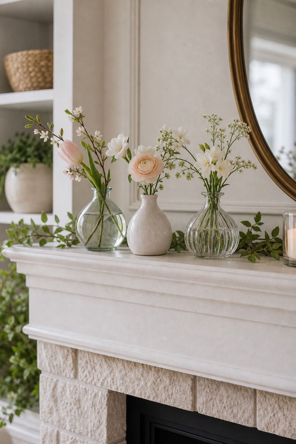 Bud Vase Trio shown as a realistic Pretty Wild World image for 16 Easter Mantel Decor Ideas for a Fresh Spring Fireplace.