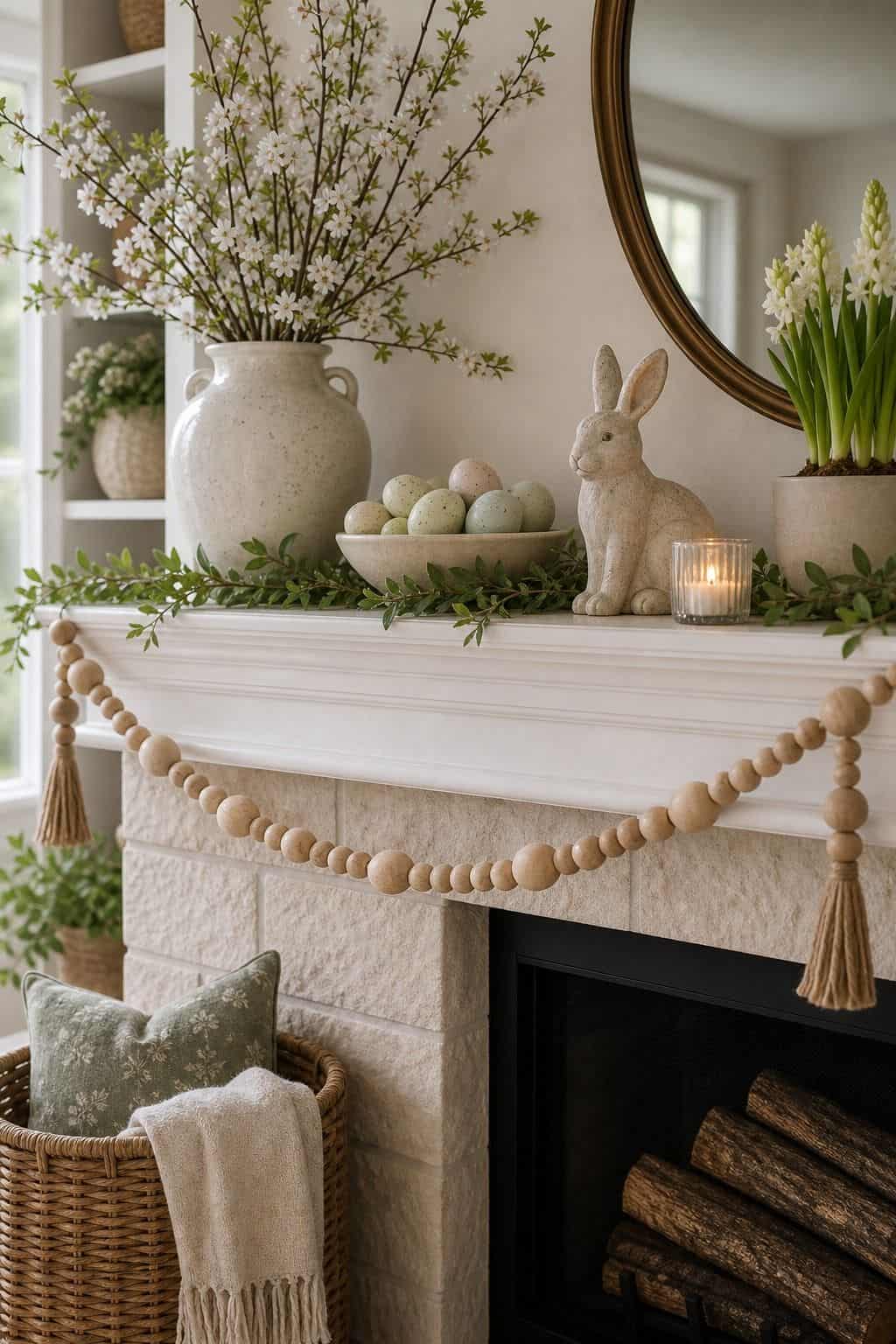 Wood Bead Garland shown as a realistic Pretty Wild World image for 16 Easter Mantel Decor Ideas for a Fresh Spring Fireplace.