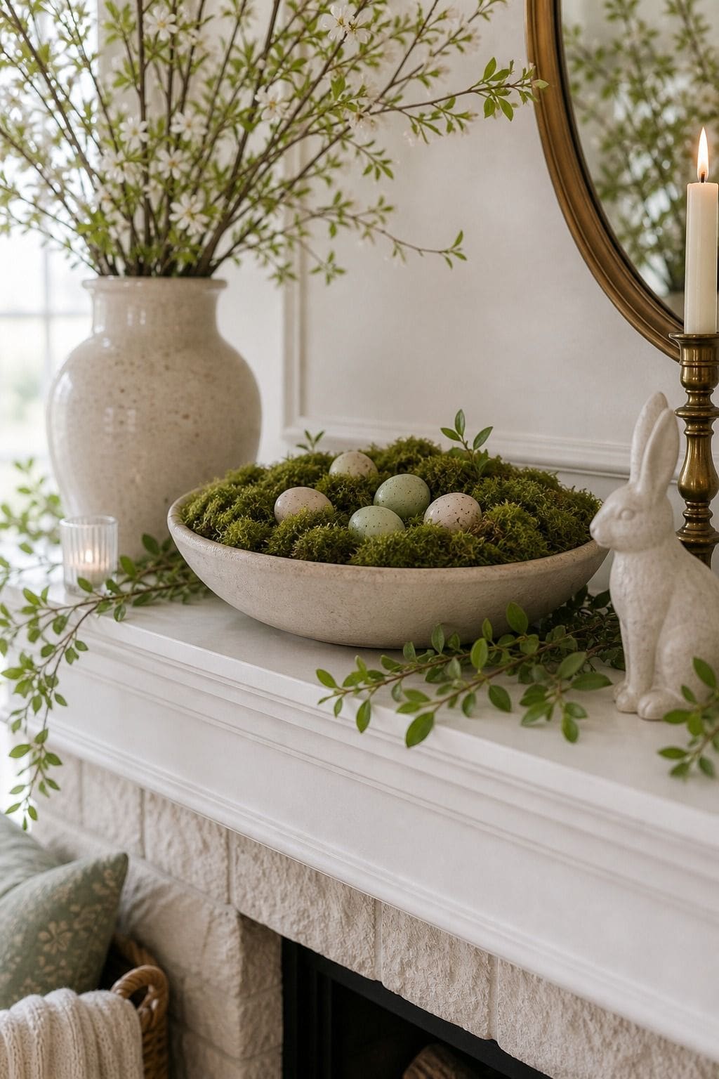 Low Moss Bowl shown as a realistic Pretty Wild World image for 16 Easter Mantel Decor Ideas for a Fresh Spring Fireplace.