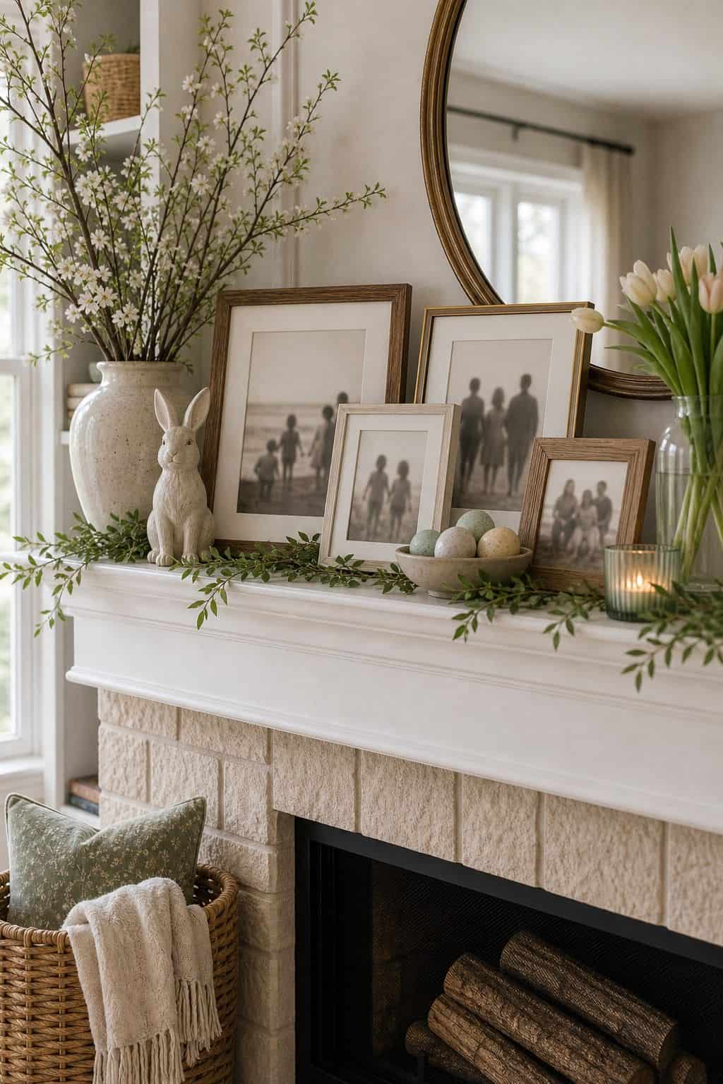 Family Photo Refresh shown as a realistic Pretty Wild World image for 16 Easter Mantel Decor Ideas for a Fresh Spring Fireplace.