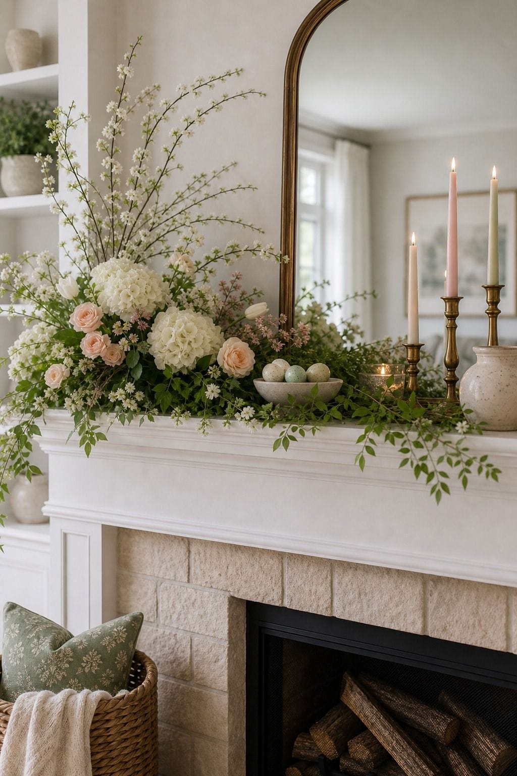 Asymmetrical Flower Line shown as a realistic Pretty Wild World image for 16 Easter Mantel Decor Ideas for a Fresh Spring Fireplace.