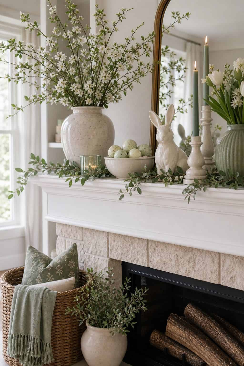 Cream and Sage Palette shown as a realistic Pretty Wild World image for 16 Easter Mantel Decor Ideas for a Fresh Spring Fireplace.