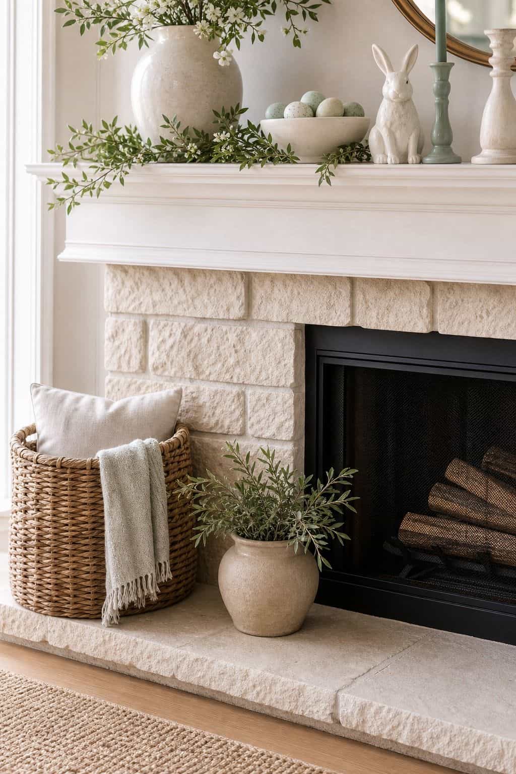 Clean Hearth Below shown as a realistic Pretty Wild World image for 16 Easter Mantel Decor Ideas for a Fresh Spring Fireplace.