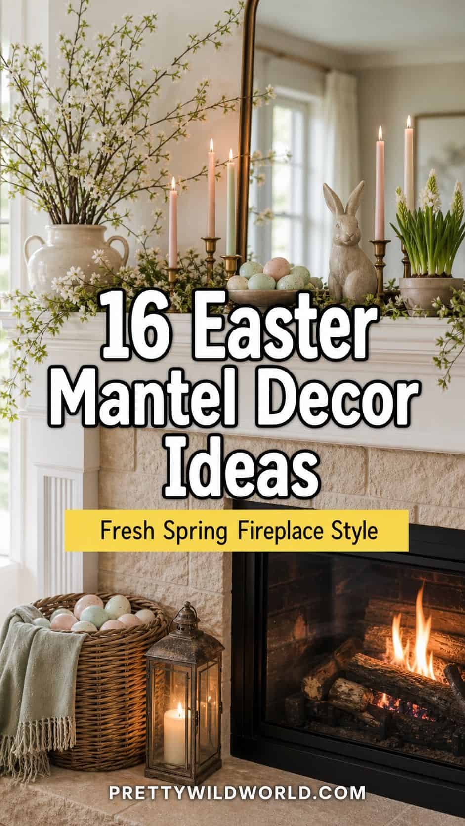Pinterest pin for 16 Easter Mantel Decor Ideas for a Fresh Spring Fireplace from Pretty Wild World.