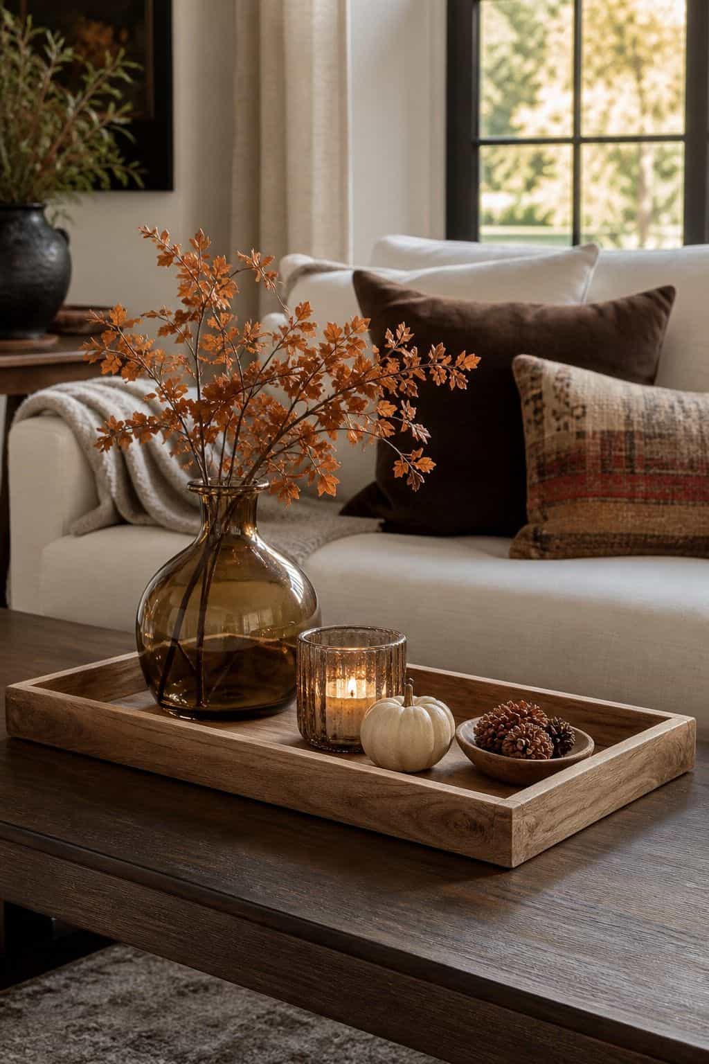 Wood Tray Foundation shown as a realistic Pretty Wild World image for 16 Fall Coffee Table Decor Ideas for a Cozy Living Room.