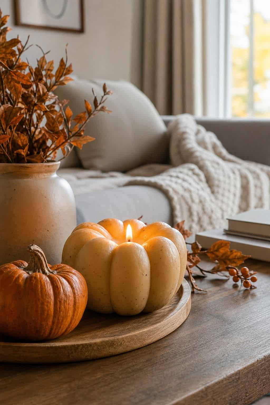 Pumpkin Candle shown as a realistic Pretty Wild World image for 16 Fall Coffee Table Decor Ideas for a Cozy Living Room.