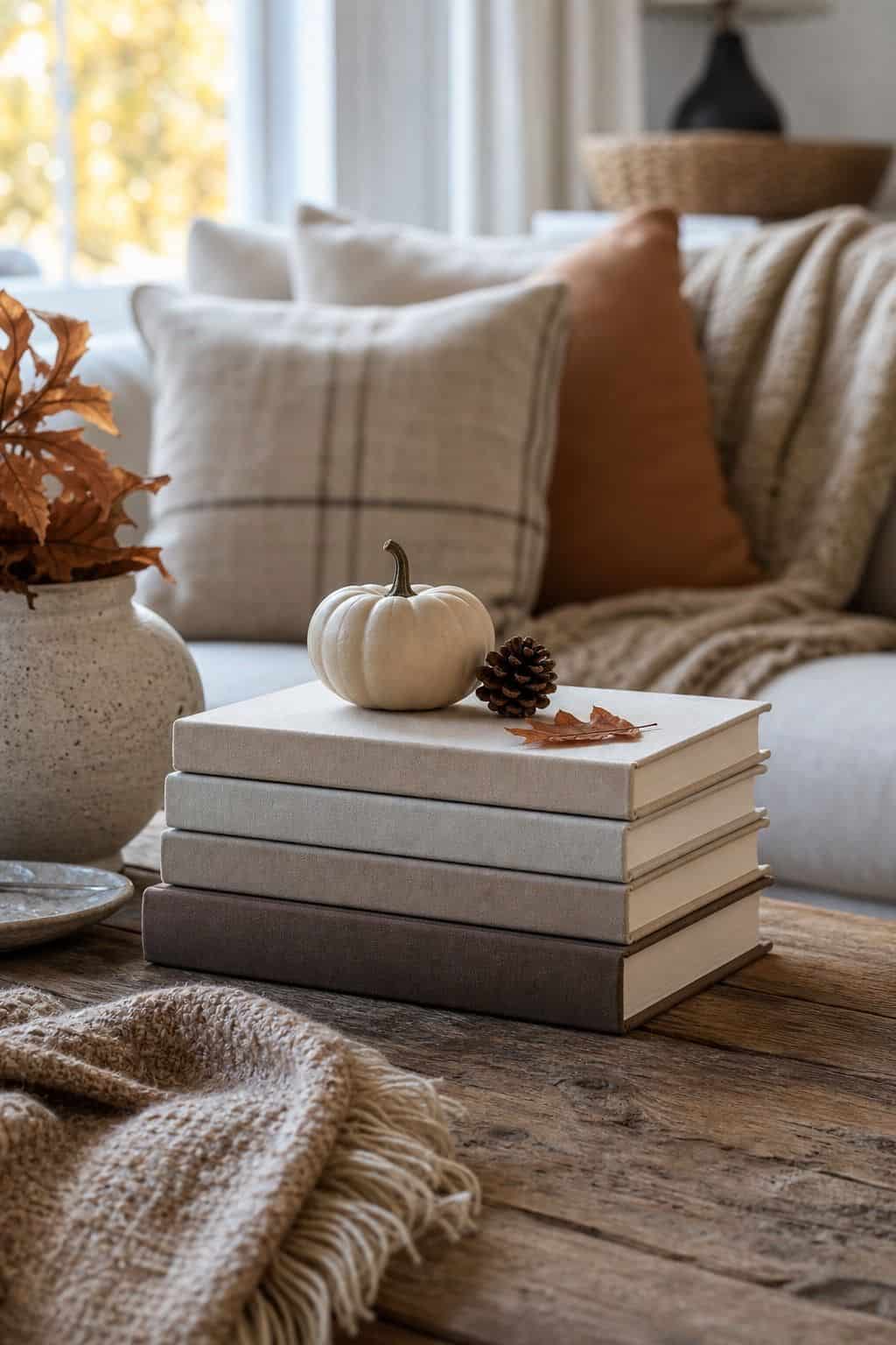 Neutral Book Stack shown as a realistic Pretty Wild World image for 16 Fall Coffee Table Decor Ideas for a Cozy Living Room.