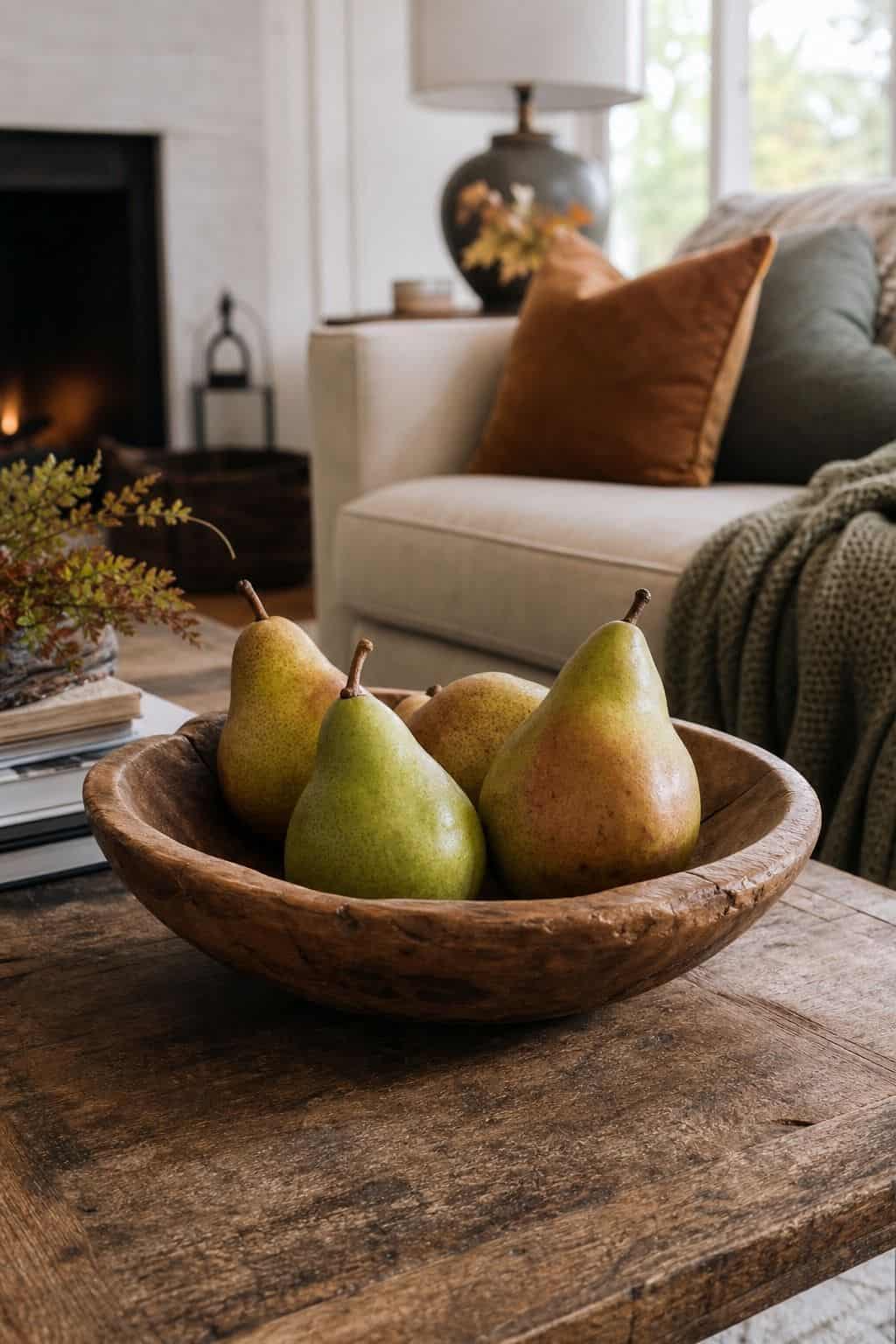 Wood Bowl With Pears shown as a realistic Pretty Wild World image for 16 Fall Coffee Table Decor Ideas for a Cozy Living Room.