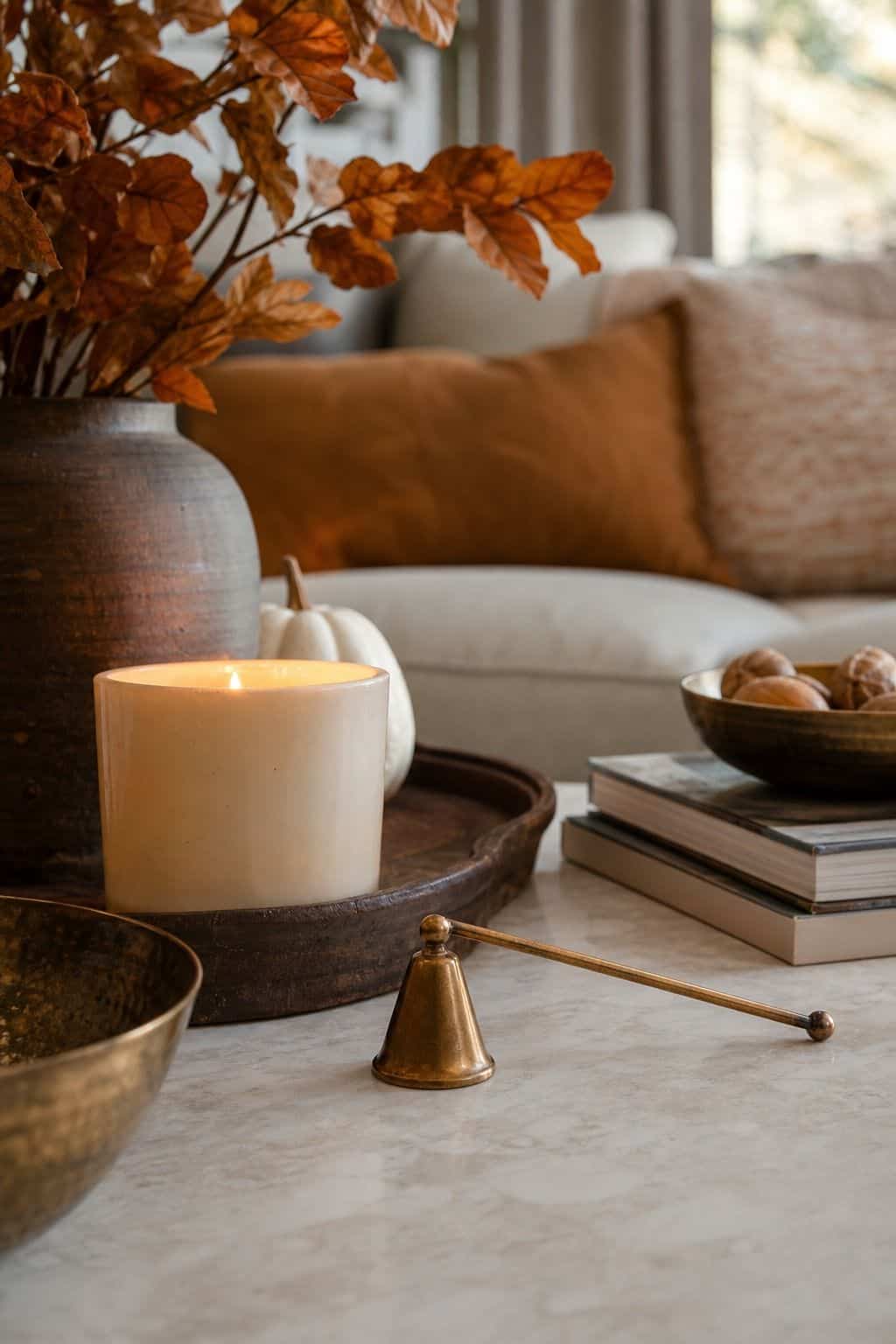 Brass Candle Snuffer shown as a realistic Pretty Wild World image for 16 Fall Coffee Table Decor Ideas for a Cozy Living Room.