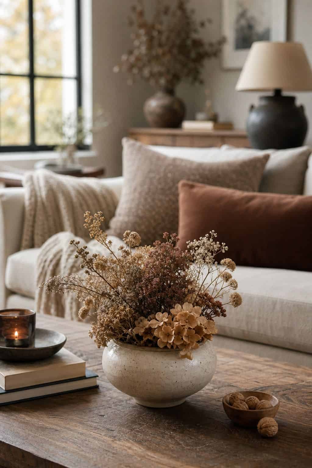 Small Dried Flowers shown as a realistic Pretty Wild World image for 16 Fall Coffee Table Decor Ideas for a Cozy Living Room.