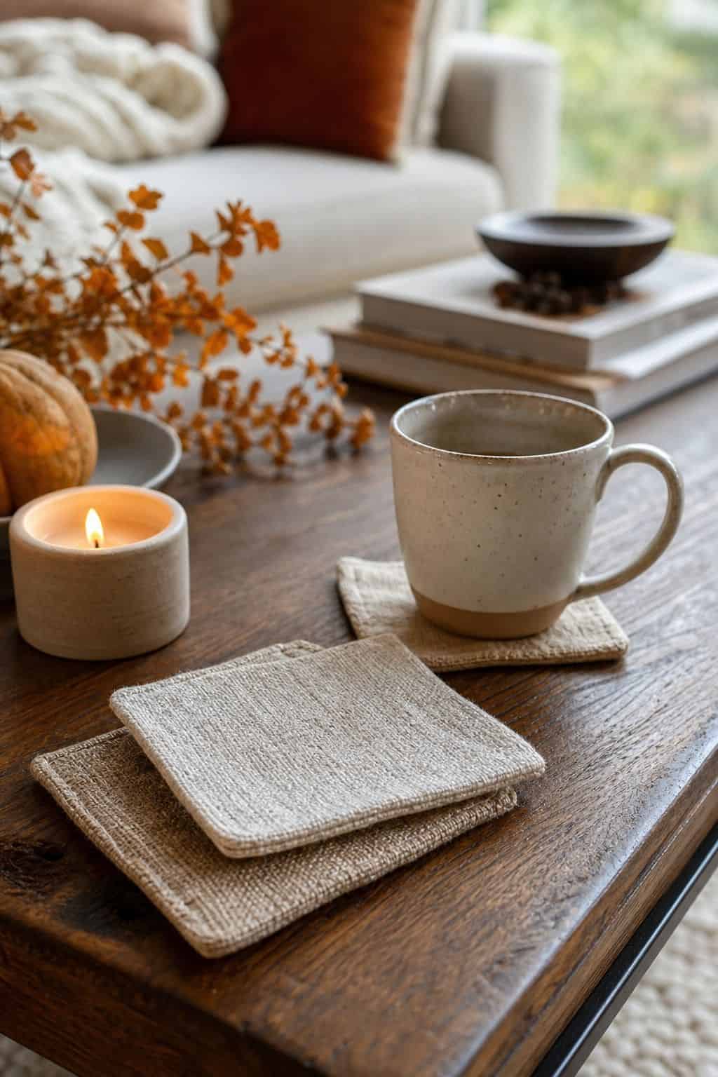 Linen Coasters shown as a realistic Pretty Wild World image for 16 Fall Coffee Table Decor Ideas for a Cozy Living Room.