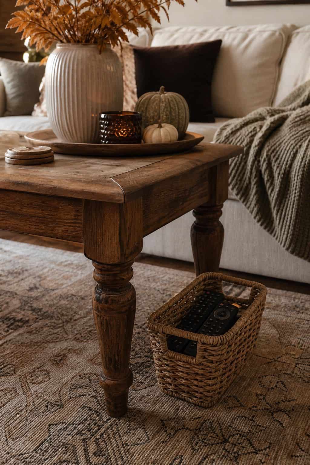 Remote Basket Hidden Nearby shown as a realistic Pretty Wild World image for 16 Fall Coffee Table Decor Ideas for a Cozy Living Room.