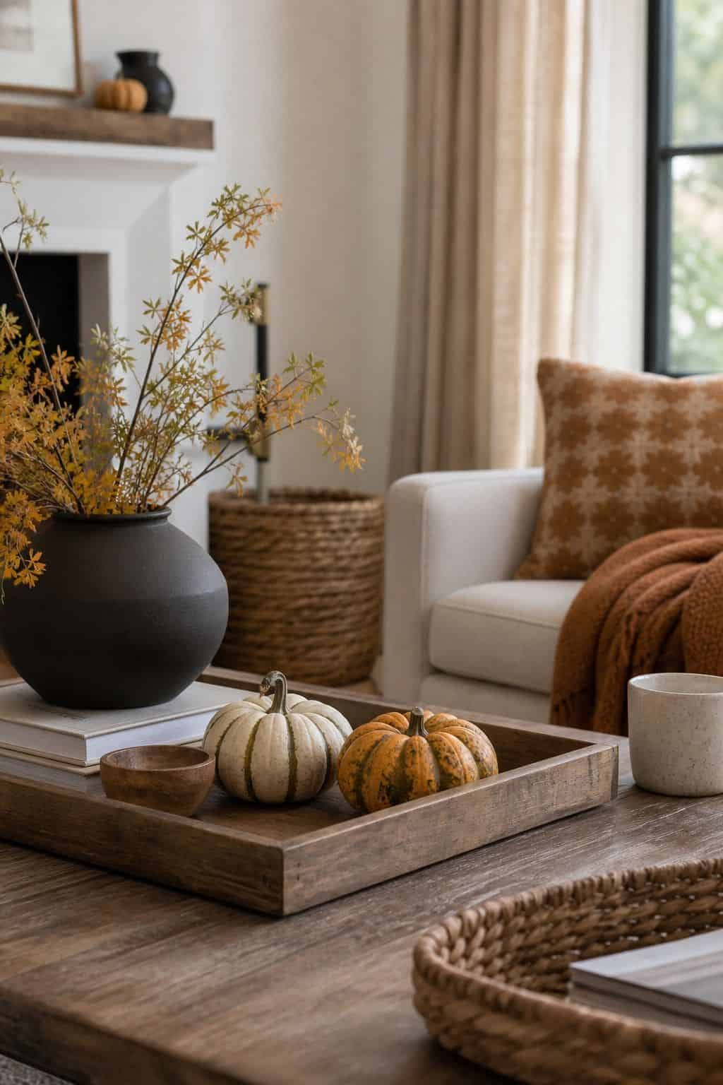 Low Pumpkin Accent shown as a realistic Pretty Wild World image for 16 Fall Coffee Table Decor Ideas for a Cozy Living Room.