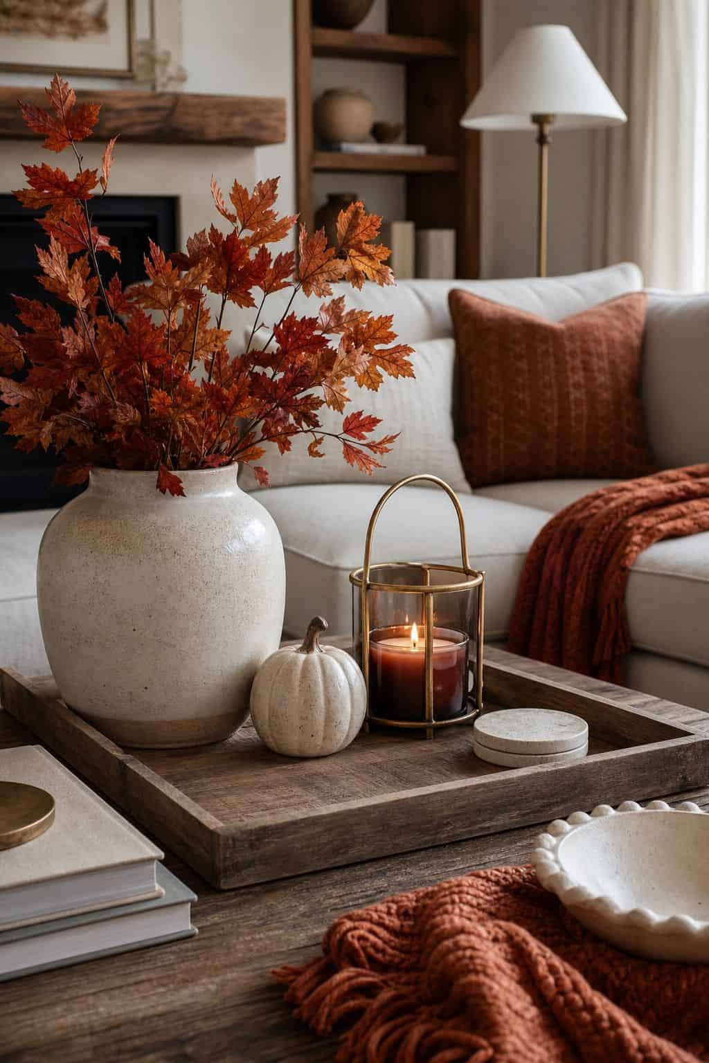 Rust and Cream Palette shown as a realistic Pretty Wild World image for 16 Fall Coffee Table Decor Ideas for a Cozy Living Room.