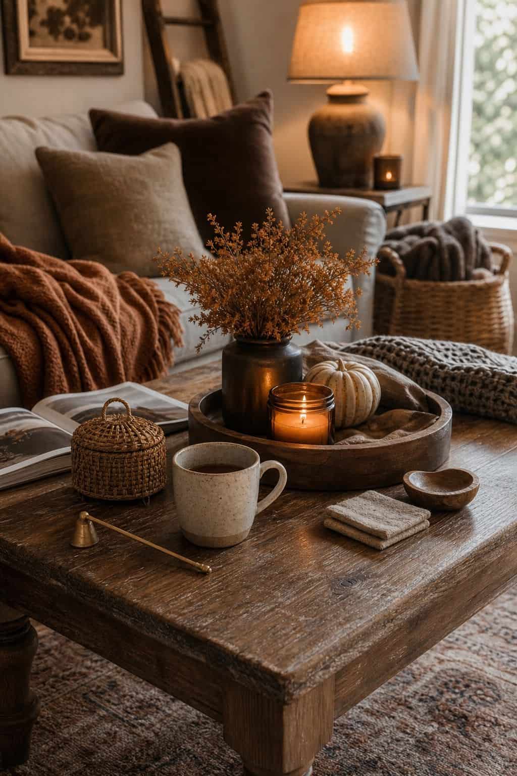 Table That Looks Lived In shown as a realistic Pretty Wild World image for 16 Fall Coffee Table Decor Ideas for a Cozy Living Room.