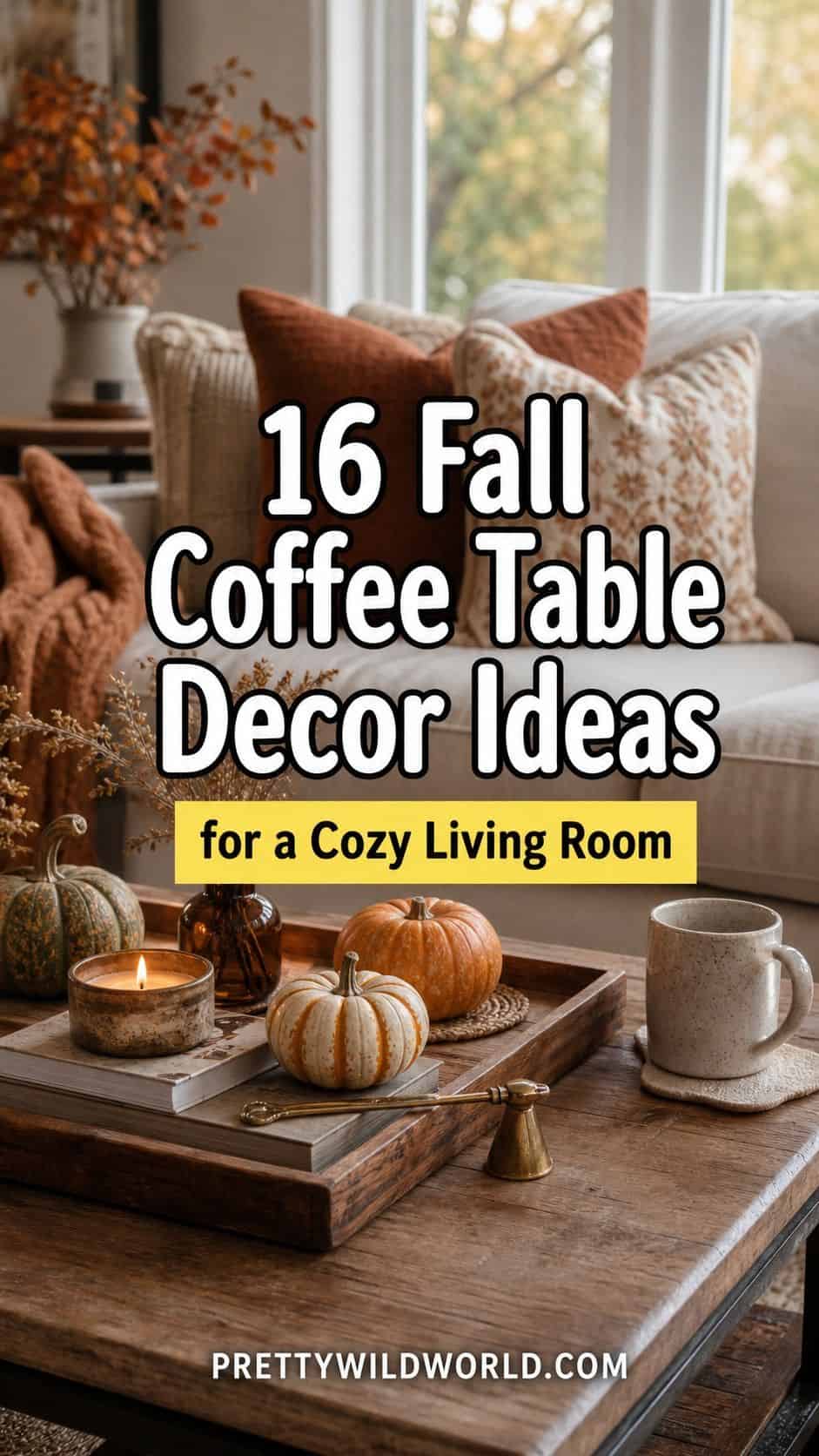 Pinterest pin for 16 Fall Coffee Table Decor Ideas for a Cozy Living Room from Pretty Wild World.