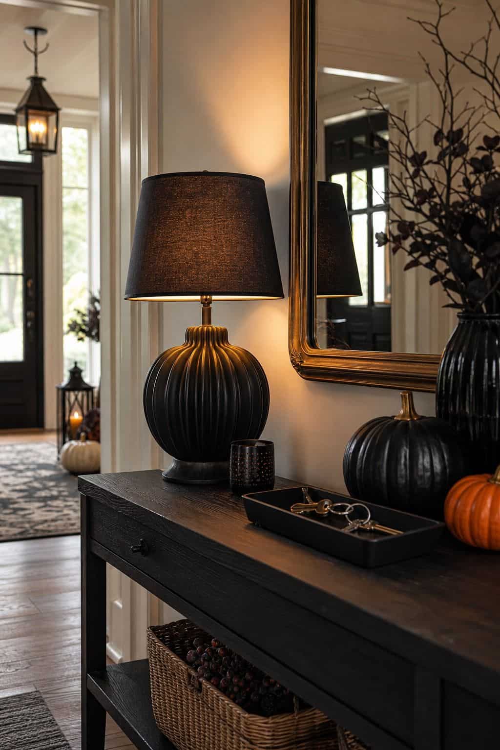 Black Entry Lamp shown as a realistic Pretty Wild World image for 17 Halloween Entryway Decor Ideas for a Stylish Spooky Welcome.
