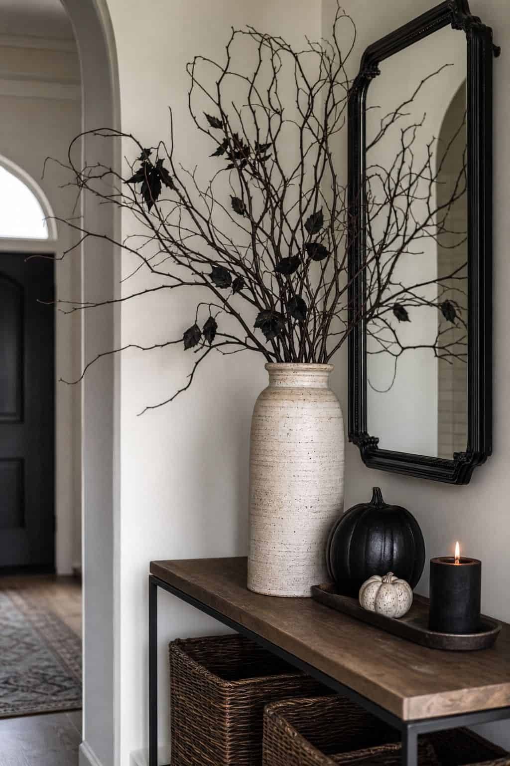Tall Branch Vase shown as a realistic Pretty Wild World image for 17 Halloween Entryway Decor Ideas for a Stylish Spooky Welcome.
