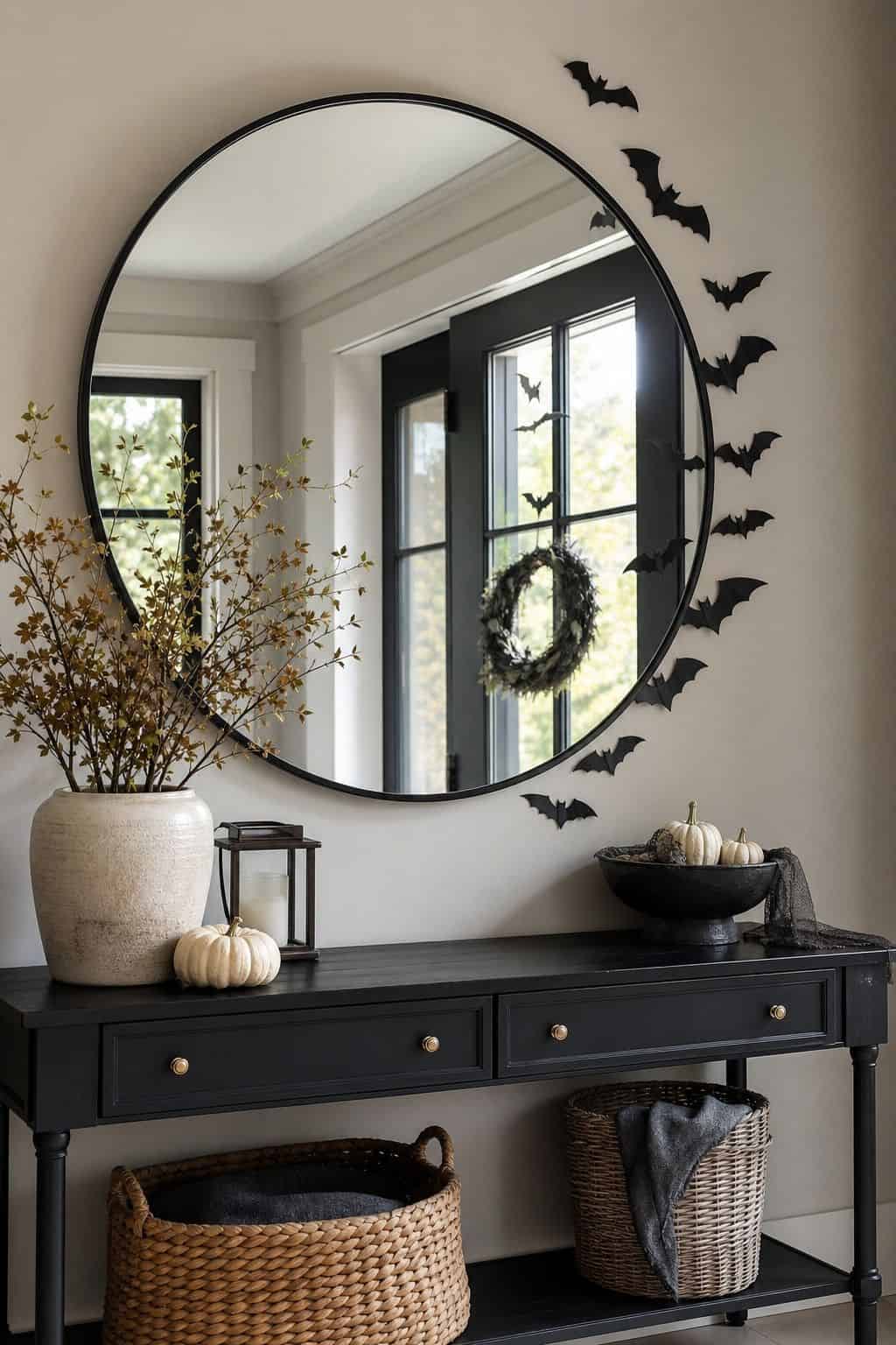 Mirror With Bat Shapes shown as a realistic Pretty Wild World image for 17 Halloween Entryway Decor Ideas for a Stylish Spooky Welcome.