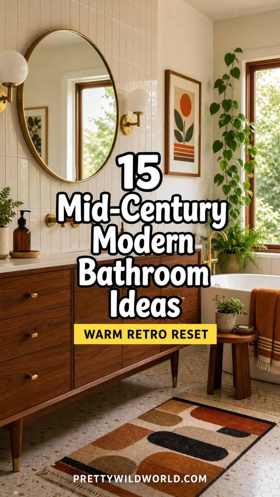 Pinterest pin for 15 Mid-Century Modern Bathroom Ideas for a Warm Retro Reset from Pretty Wild World.