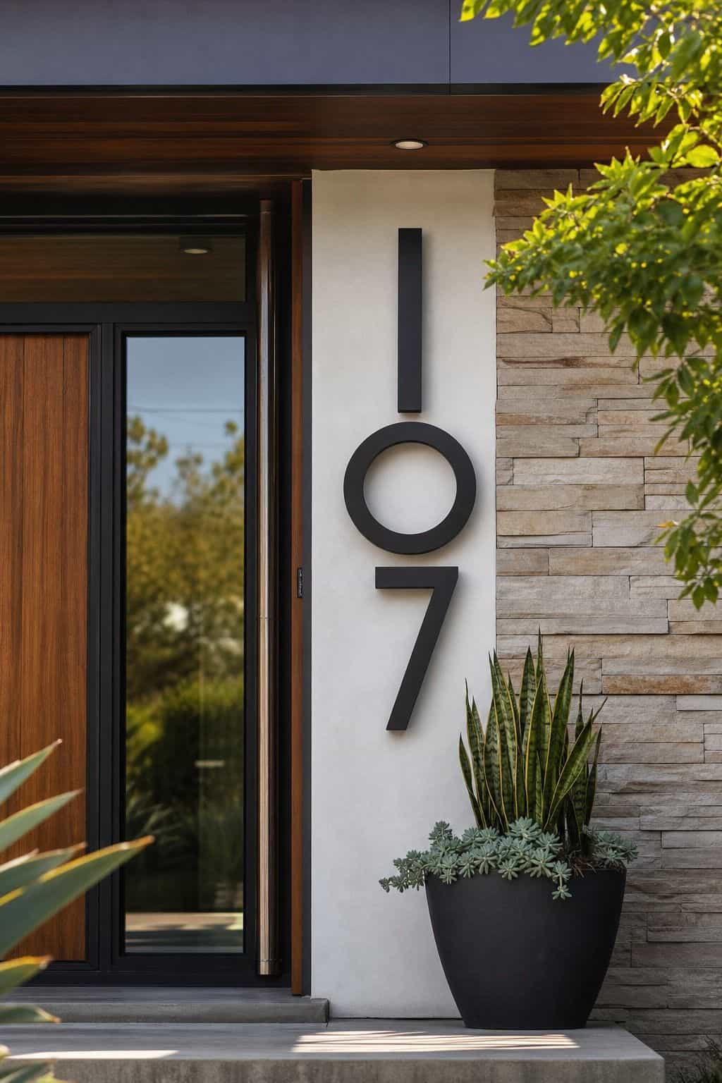 Bold House Numbers shown as a realistic Pretty Wild World image for 16 Mid-Century Modern House Exterior Ideas for Warm Curb Appeal.