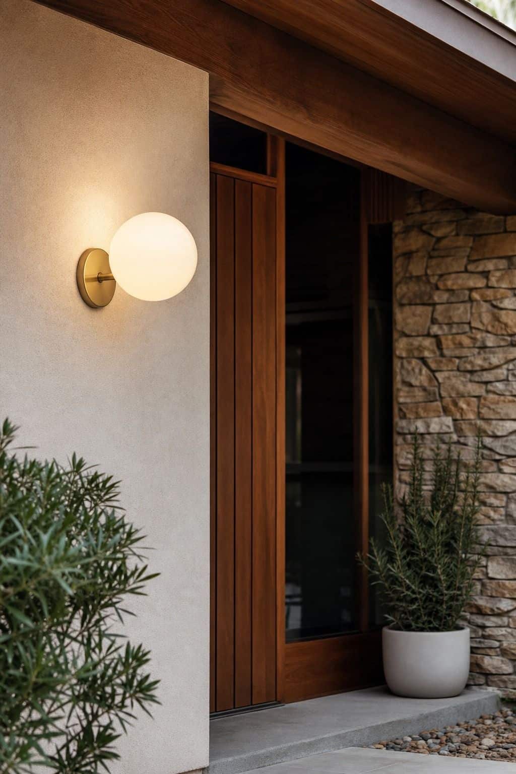 Globe Outdoor Sconce shown as a realistic Pretty Wild World image for 16 Mid-Century Modern House Exterior Ideas for Warm Curb Appeal.