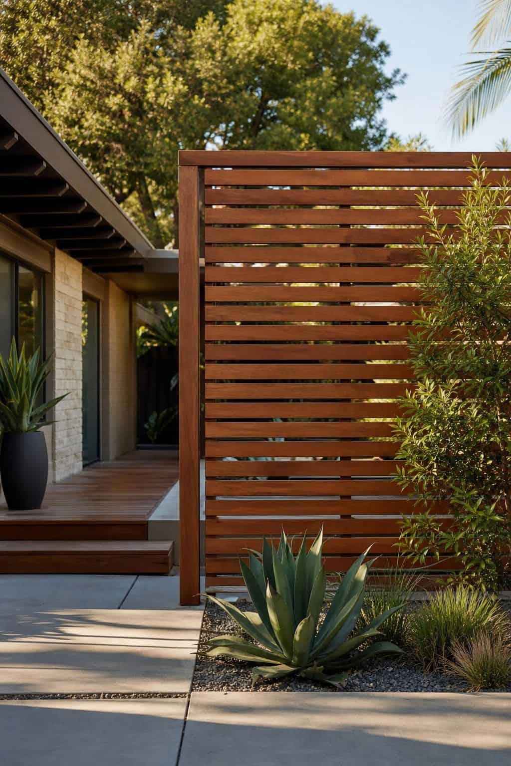 Wood Slat Privacy Screen shown as a realistic Pretty Wild World image for 16 Mid-Century Modern House Exterior Ideas for Warm Curb Appeal.