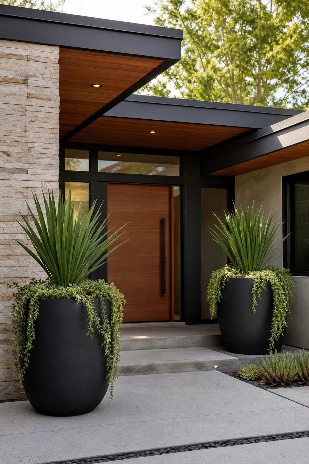 Large Black Planters shown as a realistic Pretty Wild World image for 16 Mid-Century Modern House Exterior Ideas for Warm Curb Appeal.