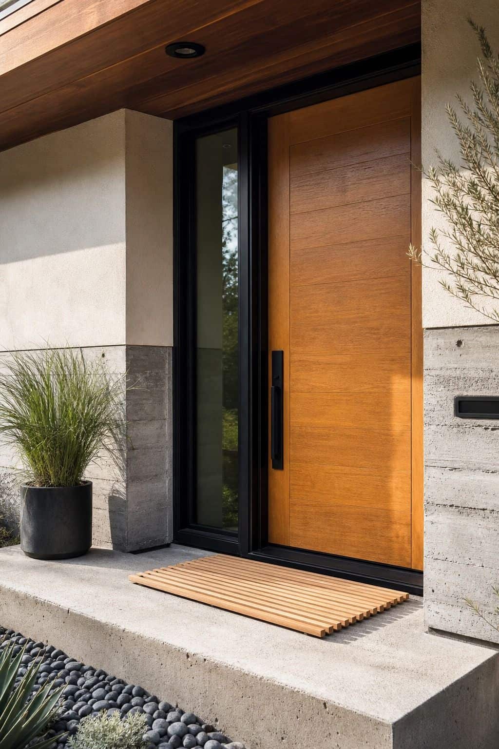Teak Door Mat shown as a realistic Pretty Wild World image for 16 Mid-Century Modern House Exterior Ideas for Warm Curb Appeal.