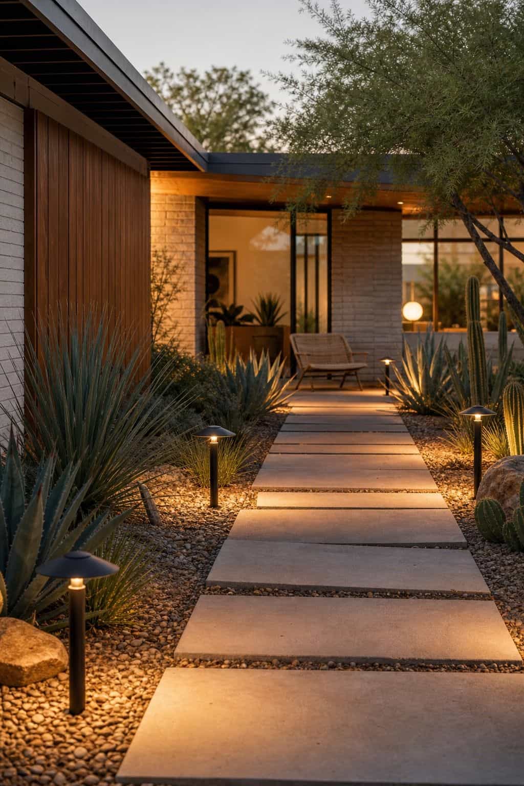 Low Path Lighting shown as a realistic Pretty Wild World image for 16 Mid-Century Modern House Exterior Ideas for Warm Curb Appeal.