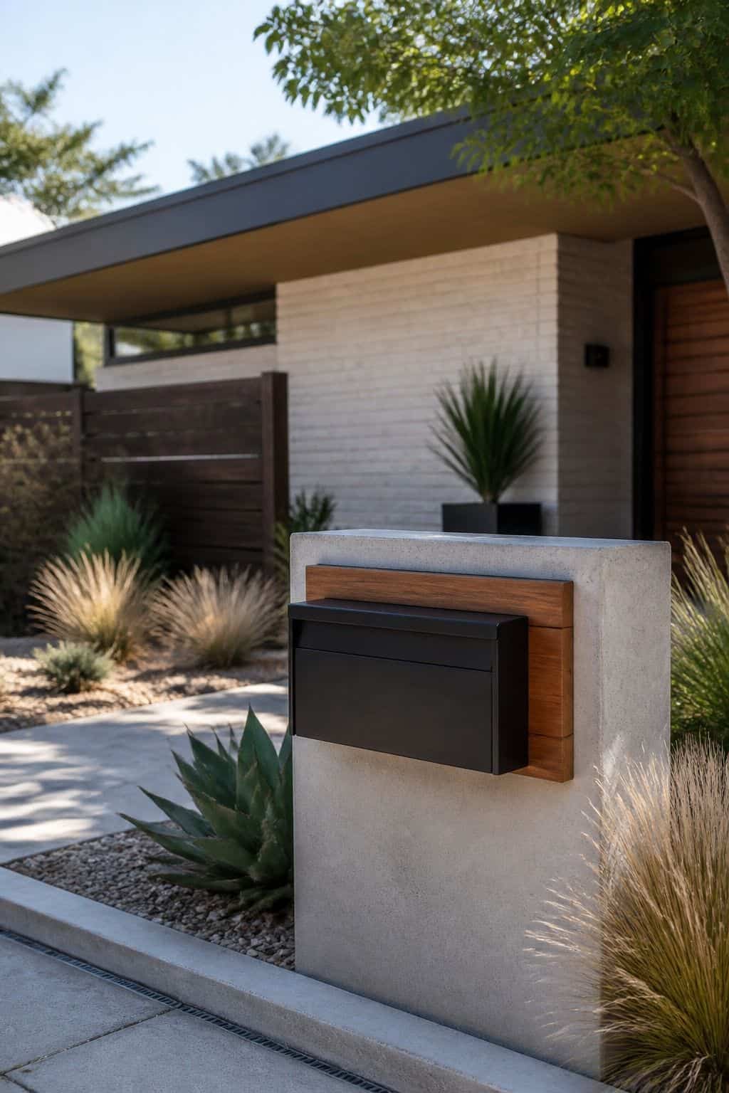 Modern Mailbox shown as a realistic Pretty Wild World image for 16 Mid-Century Modern House Exterior Ideas for Warm Curb Appeal.