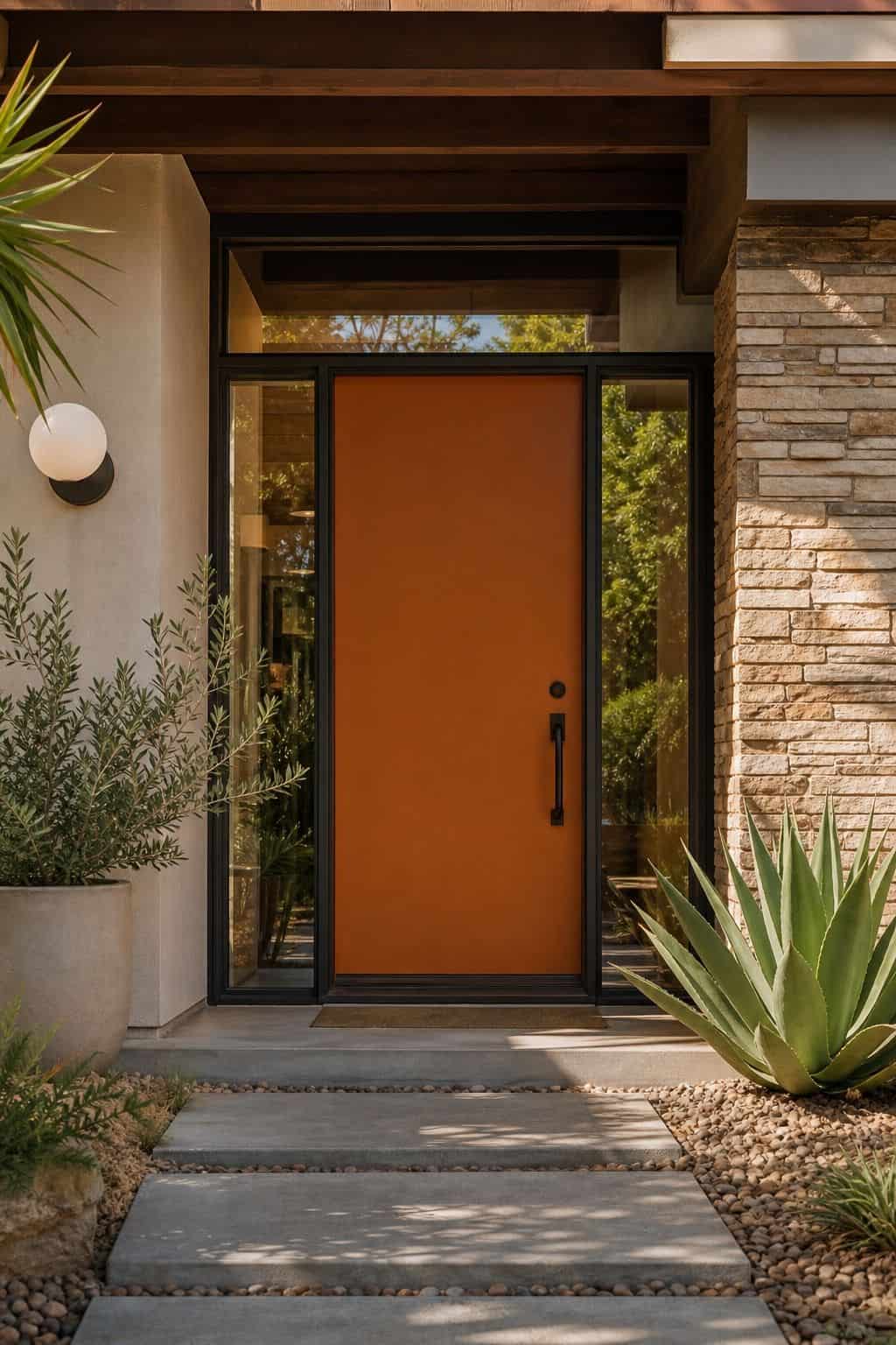 Warm Front Door Color shown as a realistic Pretty Wild World image for 16 Mid-Century Modern House Exterior Ideas for Warm Curb Appeal.