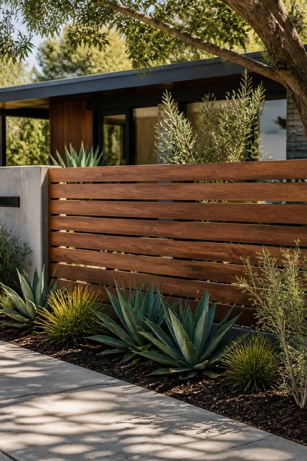 Horizontal Fence Lines shown as a realistic Pretty Wild World image for 16 Mid-Century Modern House Exterior Ideas for Warm Curb Appeal.