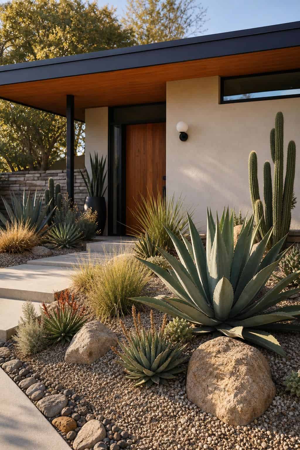 Desert-Inspired Planting shown as a realistic Pretty Wild World image for 16 Mid-Century Modern House Exterior Ideas for Warm Curb Appeal.