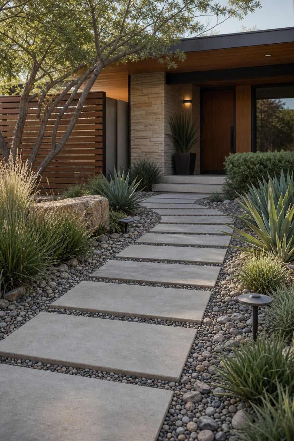 Stone Walkway Detail shown as a realistic Pretty Wild World image for 16 Mid-Century Modern House Exterior Ideas for Warm Curb Appeal.