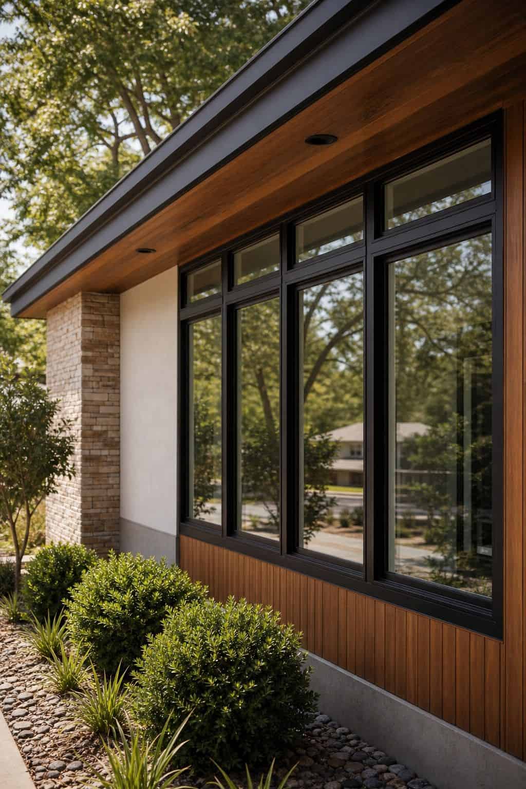 Window Trim Contrast shown as a realistic Pretty Wild World image for 16 Mid-Century Modern House Exterior Ideas for Warm Curb Appeal.