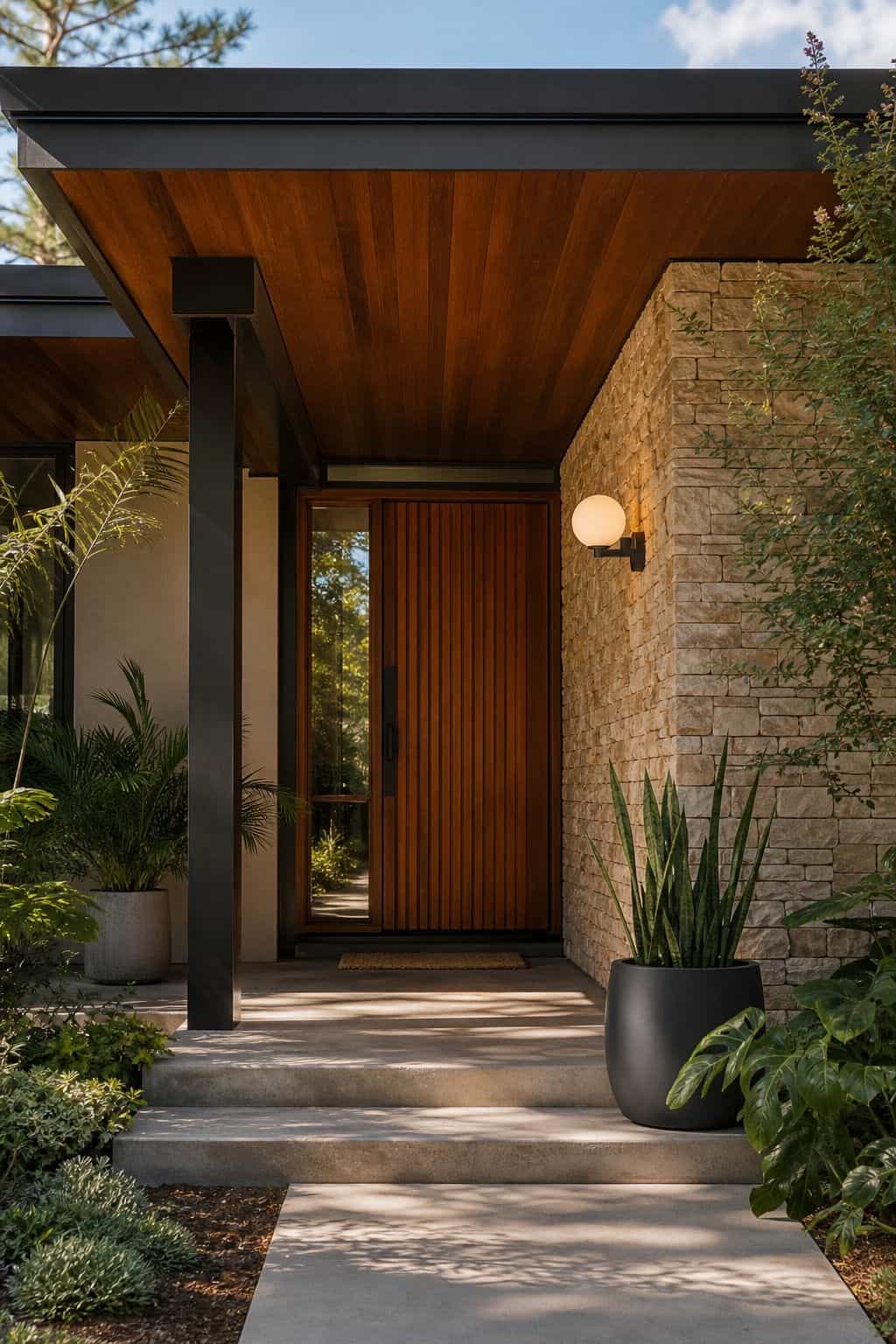 Covered Entry Moment shown as a realistic Pretty Wild World image for 16 Mid-Century Modern House Exterior Ideas for Warm Curb Appeal.