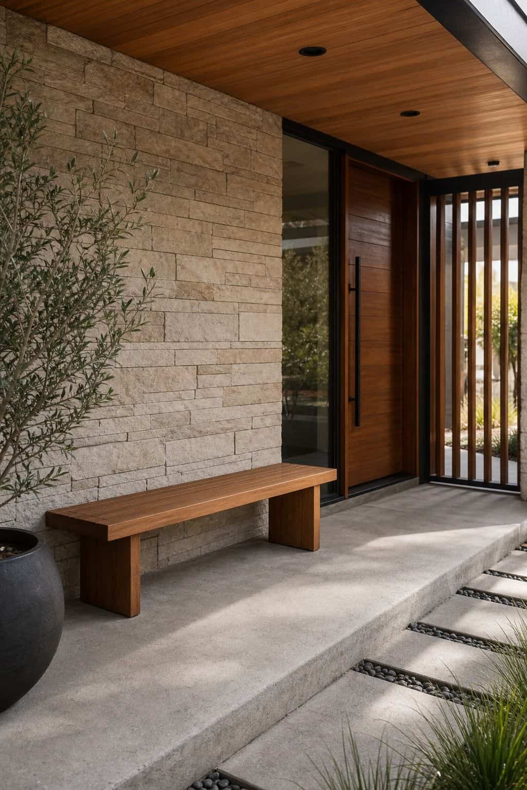 Simple Porch Bench shown as a realistic Pretty Wild World image for 16 Mid-Century Modern House Exterior Ideas for Warm Curb Appeal.