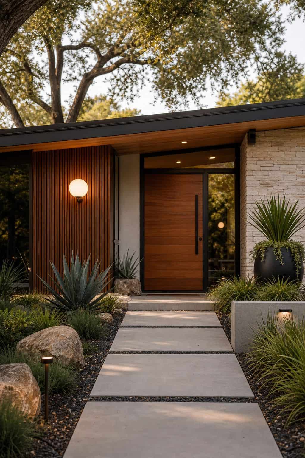 Exterior That Feels Edited shown as a realistic Pretty Wild World image for 16 Mid-Century Modern House Exterior Ideas for Warm Curb Appeal.