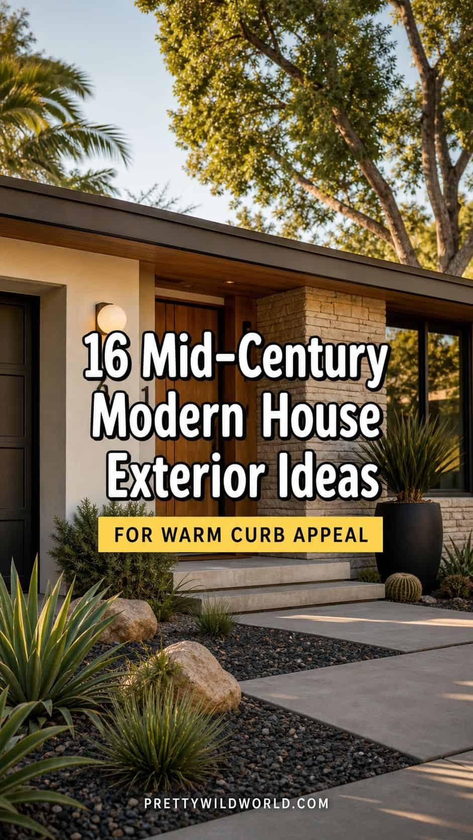Pinterest pin for 16 Mid-Century Modern House Exterior Ideas for Warm Curb Appeal from Pretty Wild World.