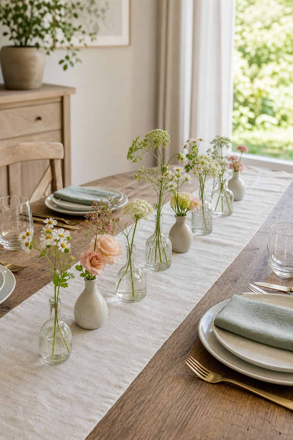 Bud Vase Row shown as a realistic Pretty Wild World image for 17 Summer Centerpiece Ideas for Fresh Relaxed Tables.