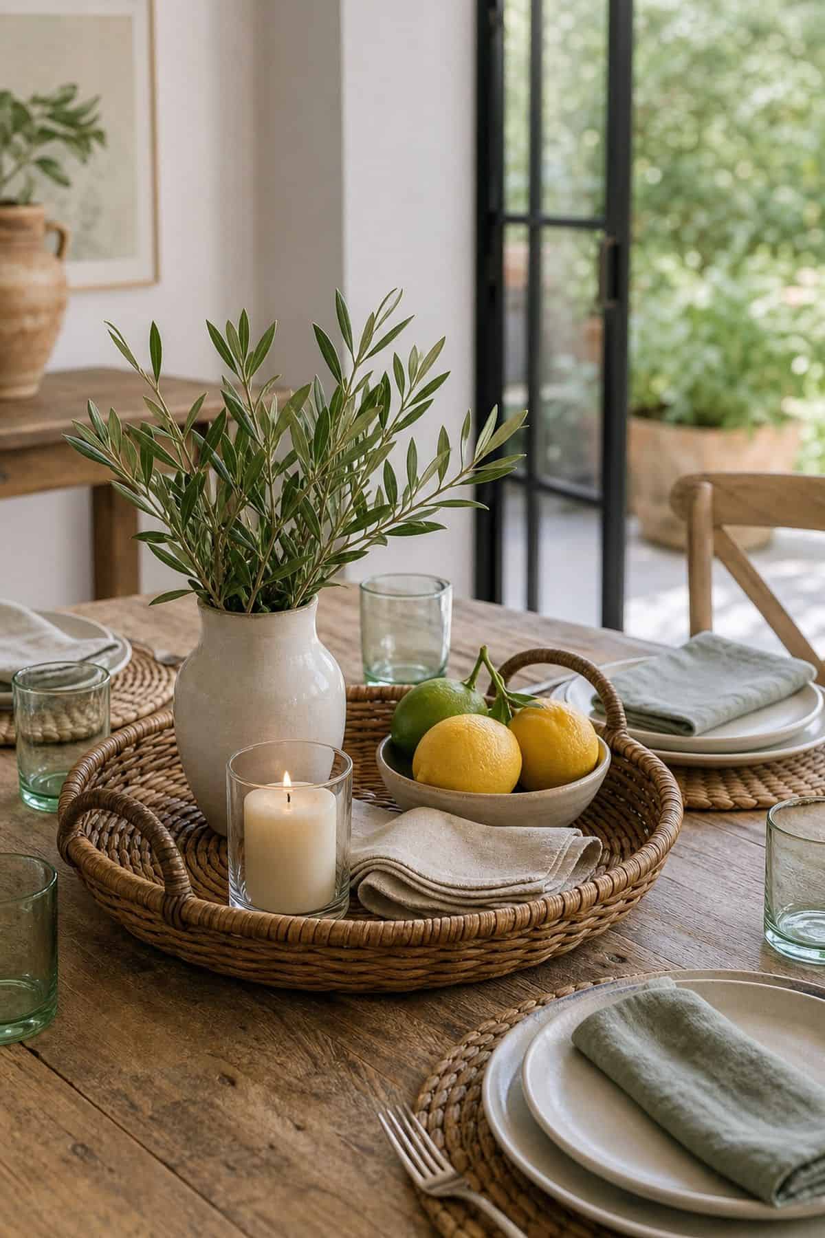 Woven Tray Base shown as a realistic Pretty Wild World image for 17 Summer Centerpiece Ideas for Fresh Relaxed Tables.