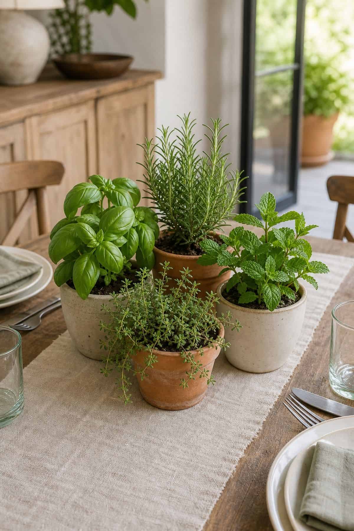 Herb Pot Cluster shown as a realistic Pretty Wild World image for 17 Summer Centerpiece Ideas for Fresh Relaxed Tables.