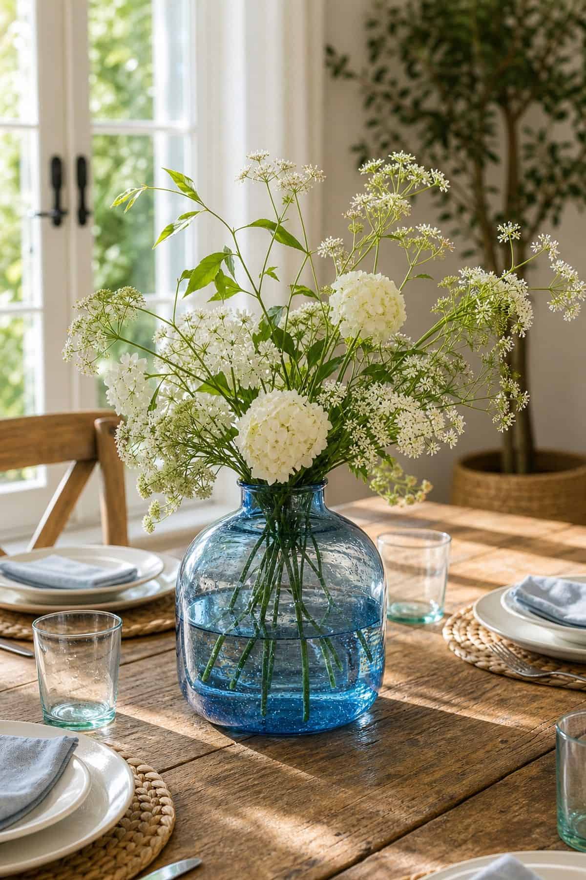 Blue Glass Vase shown as a realistic Pretty Wild World image for 17 Summer Centerpiece Ideas for Fresh Relaxed Tables.