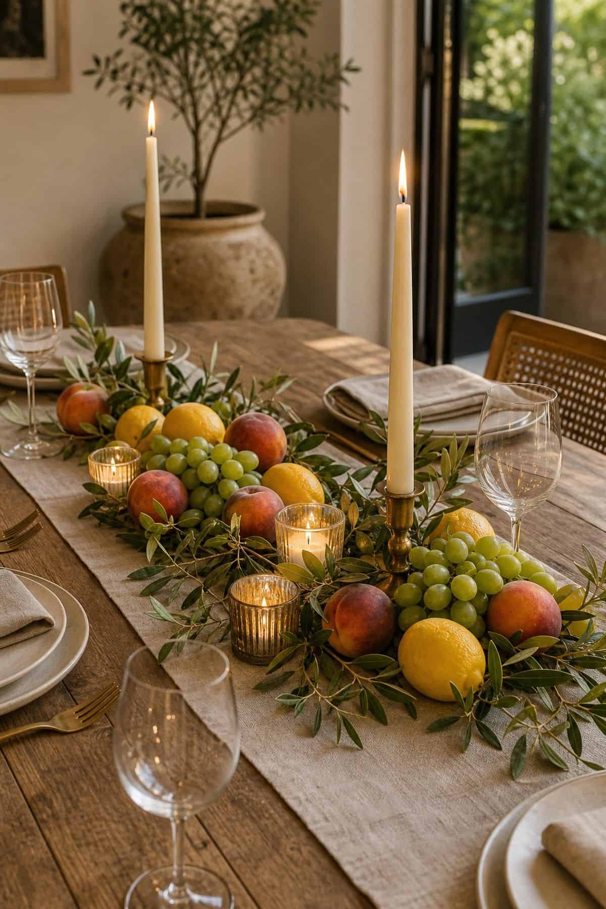 Candle and Fruit Mix shown as a realistic Pretty Wild World image for 17 Summer Centerpiece Ideas for Fresh Relaxed Tables.